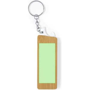 A bamboo keyring multitool with a green panel and a metal keychain attachment.