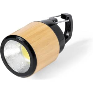 A bamboo and black torch with a clip, designed for use as a keyring or tool.