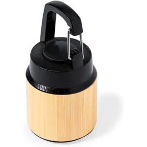 A torch keyring with a bamboo body and black accents, featuring a secure handle. It includes a logo on the surface.