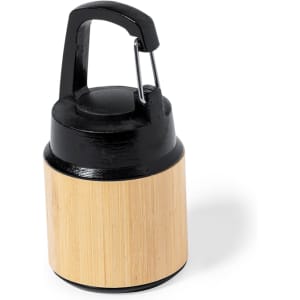 A black and bamboo Gus Torch keyring, compact and cylindrical in shape, featuring a cap and a branding logo.