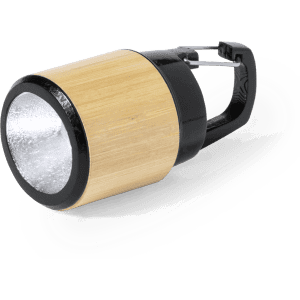 A bamboo and black torch keyring featuring a metal clip. Compact and portable design for convenience.