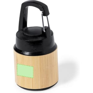 A black and bamboo drink bottle with a clip handle and a blank area for branding.