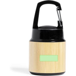 A torch keyring with a black top and a bamboo-style base, featuring a carabiner clip for attachment.