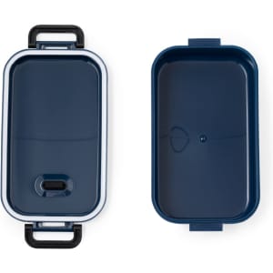 A navy blue lunch box with silver accents, featuring a lid and handles. It has a logo.