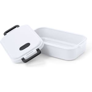 A white lunch box with a black handle, featuring a removable lid and a compartment for food storage.