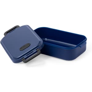 A navy blue lunch box with a removable lid, featuring a handle and a divided interior.