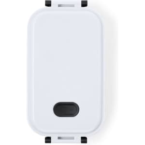 A white lunch box with a black latch, featuring a simple, sleek design. It includes a branding logo.