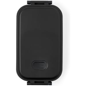 A black lunch box with a latch closure and a small opening, featuring a minimalist design.