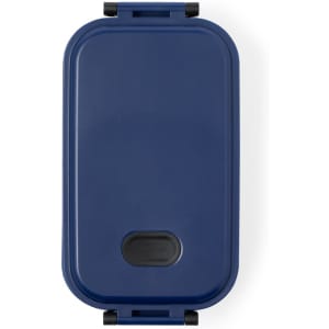 A blue lunch box with a black latch, featuring a smooth surface and a rectangular shape. It has a logo on the front.