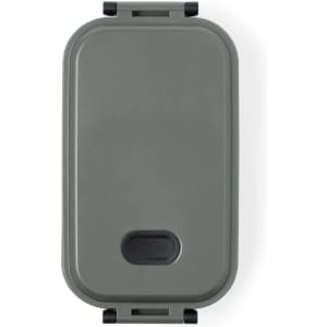 A grey lunch box with a secure closure and a small opening, featuring a logo on the side.