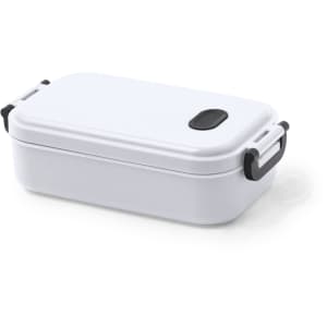 A white lunch box with a black lid and handles, featuring a sleek design for easy transport. Includes a logo.