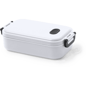 A white lunch box with a black handle and lid. The box features a logo on its surface.