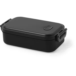 A black lunch box with a secure lid and handles, featuring a minimalistic design and a branding logo.