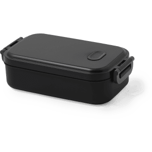 A black lunch box featuring a secure lid and handle, designed for carrying meals. It has a sleek, rectangular shape.
