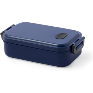 A navy blue lunch box with a secure lid and handle. It features a sleek, rectangular design and has a branding logo.