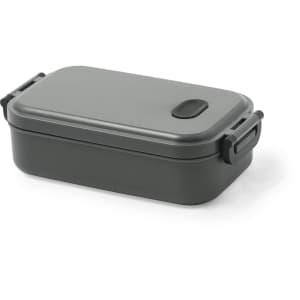 A grey lunch box with a secure lid and handle clips, featuring a logo on the side.