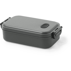 A dark grey lunch box with a secure lid and side handles, featuring a simple design and a logo.