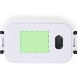 A white lunch box with a green blank area and a black clip latch, designed for storage and transport of food.