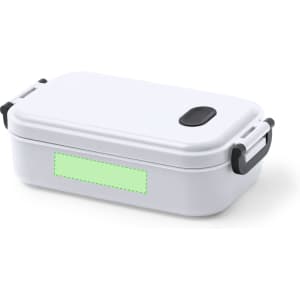 A white lunch box with a secure lid and handle, featuring a space for a label.