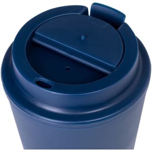 A drink bottle with a dark blue body and a lid featuring a sliding tab for easy sipping. It has a logo on the side.