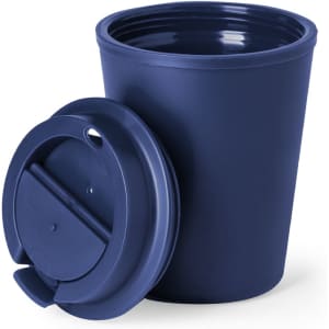 A drink cup in navy blue with a matching lid, featuring a logo on the side.