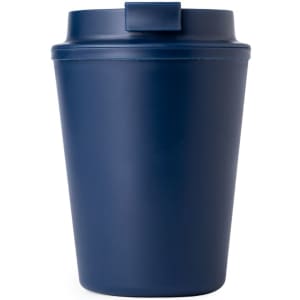 A drink bottle with a navy exterior and a secure lid, featuring a logo on its surface.