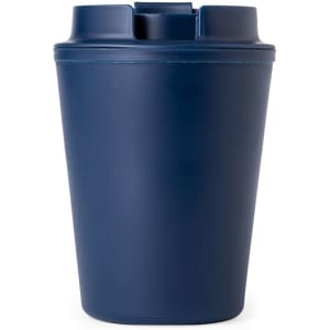 A drink bottle in dark blue, featuring a lid and a logo, designed for reusable coffee.