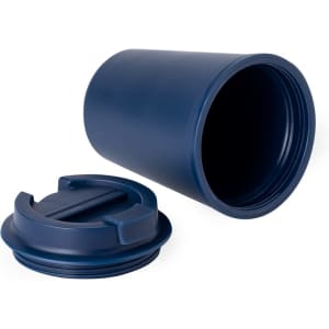 A drink bottle in navy blue with a matching screw-on lid featuring a sliding opening mechanism.