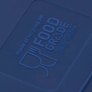 A dark blue container featuring a logo and text indicating it's made from recycled food-grade materials.