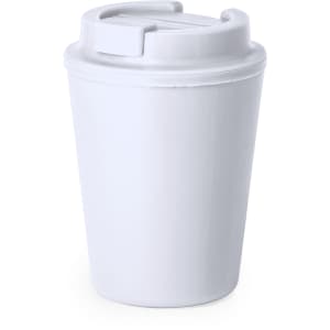 A white insulated cup with a lid, designed for reusable coffee and drinkware. Features a simple design and a branding logo.
