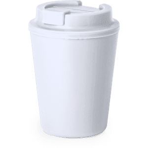 A white insulated cup with a lid, featuring a logo, designed for reusable drinkware.