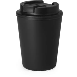 A drink bottle in matte black, featuring a lid for easy sipping and a simple design with branding.