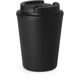 A reusable black insulated cup with a lid, designed for hot beverages, featuring a logo.