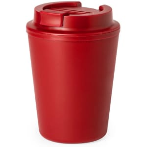 A drink bottle in a vibrant red colour with a secure, openable lid and a smooth finish. It features a logo.