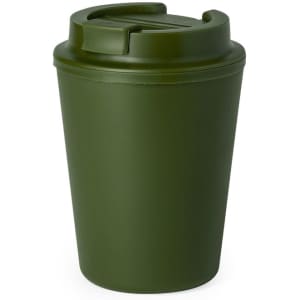 An olive green insulated coffee cup with a lid and a logo. Designed for reusable drinkware.