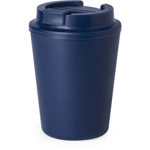 A drink bottle designed as an insulated cup in navy blue, featuring a lid and a logo.