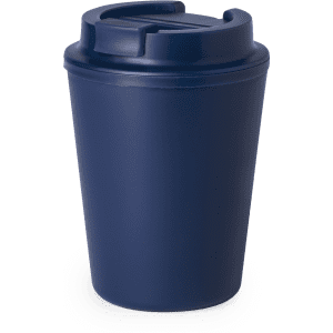 A drink bottle in navy blue with a lid, featuring a logo on the side, suitable for reusable coffee.