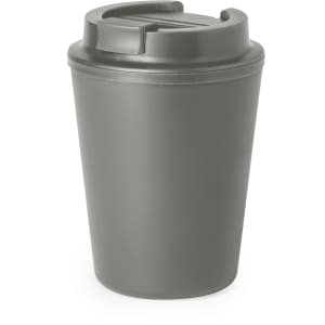 A reusable coffee cup in dark grey, featuring a secure lid and a logo on the side.