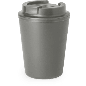 A drink bottle in a sleek grey colour, featuring a lid and a logo on the side.