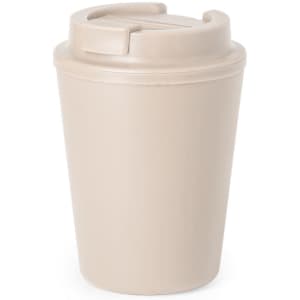 A reusable coffee cup in a soft beige colour with a lid and a simple design. It features a logo on the side.