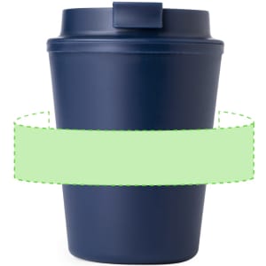 A navy insulated coffee cup with a lid and a blank band for branding. Features a simple, modern design.