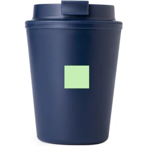 A reusable coffee cup in navy blue with a lid, featuring a simple design and logo.