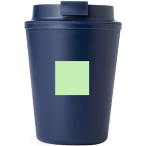 A drink bottle in navy blue with a lid, featuring a prominent square area for branding.