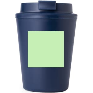 A navy insulated cup with a green placeholder area, featuring a lid. It has a logo on the side.