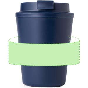 A drink bottle in navy blue with a lid and a logo, designed for reusable coffee.