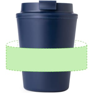 A reusable navy insulated cup with a lid and a logo, designed for hot beverages.