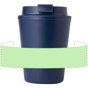 A drink bottle in navy blue with a lid, featuring a logo, designed for reusable coffee use.