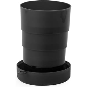 A black foldable cup with a base, designed for compact storage. It has a simple, sleek design and includes a logo.