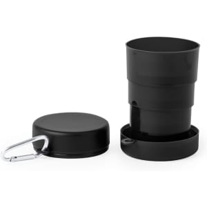 A foldable black cup with a removable cap and carabiner for easy attachment. Features a sleek design.