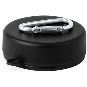 A foldable black drink cup featuring a silver carabiner for attachment. It includes a small opening for pouring.